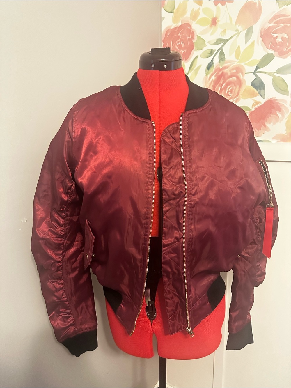 Women's red fox Y2K Burgundy Bomber Jacket - size medium